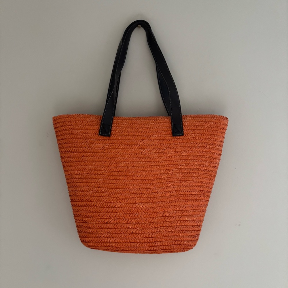 Matrix Orange Woven Tote Bag with Brown Handles